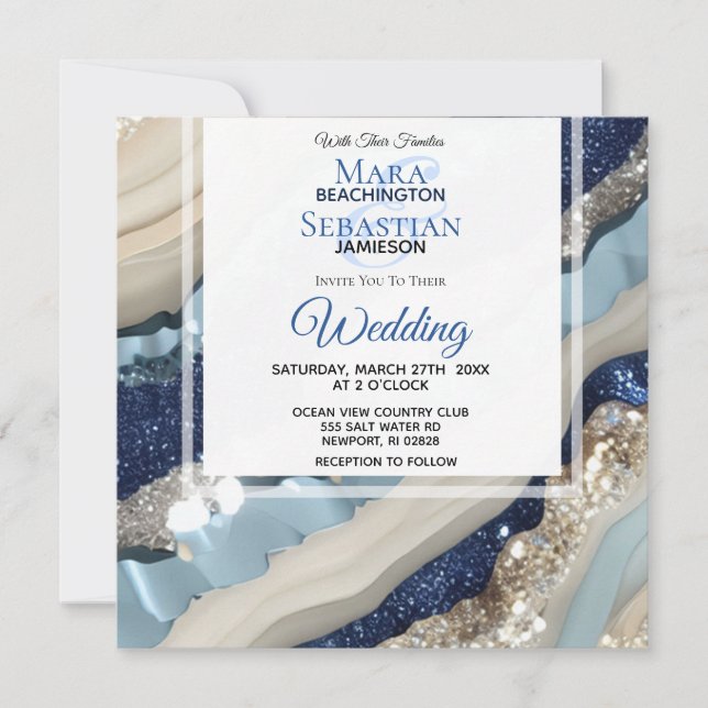 *~* QR BLAU IVORY SILVER Agate UAWG AR66 Hochzeit Einladung (Vorderseite)