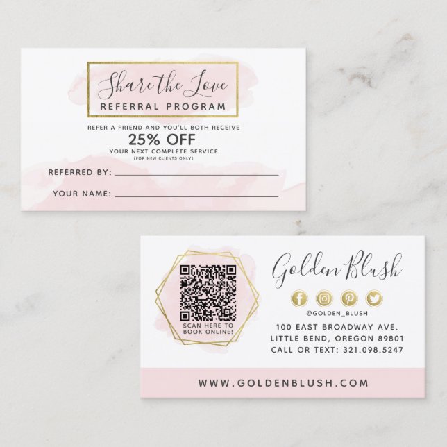 QR (Blush Pink Watercolor & Gold) Visitenkarte (Vorne/Hinten)