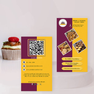 QR-Branding für lila Burgund und Gelbbbäckerei Visitenkarte