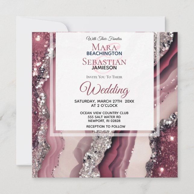 *~* QR BURGUNDY PINK Agate UAWG AR66 Wedding Einladung (Vorderseite)