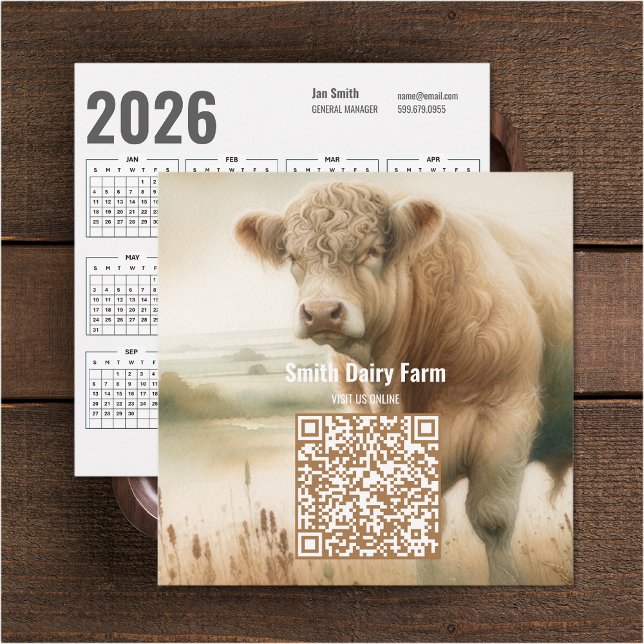 QR-Code 2026 Kalender Visitenkarte für Kuh Karte (Cow QR Code 2026 Calendar Business Card (front and back))