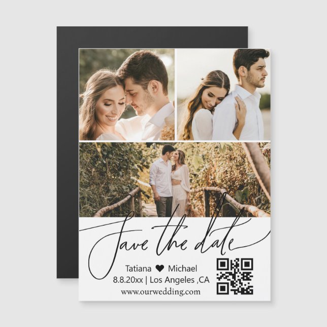 QR-Code 3-Foto-Collage Save-the-Date-Magnet Magnetkarte (Vorne/Hinten)