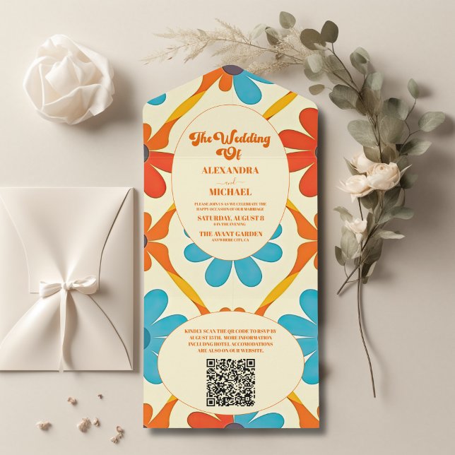 QR Code 70's Retro Groovy Orange Wedding All In One Einladung (Von Creator hochgeladen)