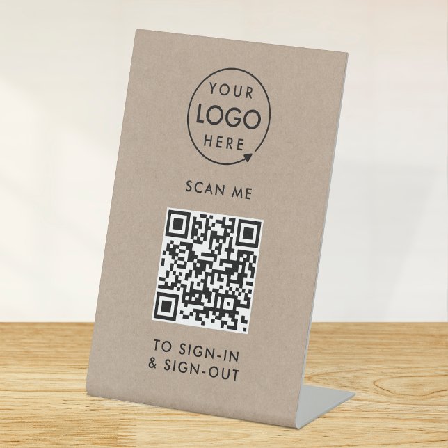 QR-Code-Anmeldung | Rusitc Kraft Empfang Sockelschild (Interactive QR code sign-in  sign-out tabletop signage with your company logo.)