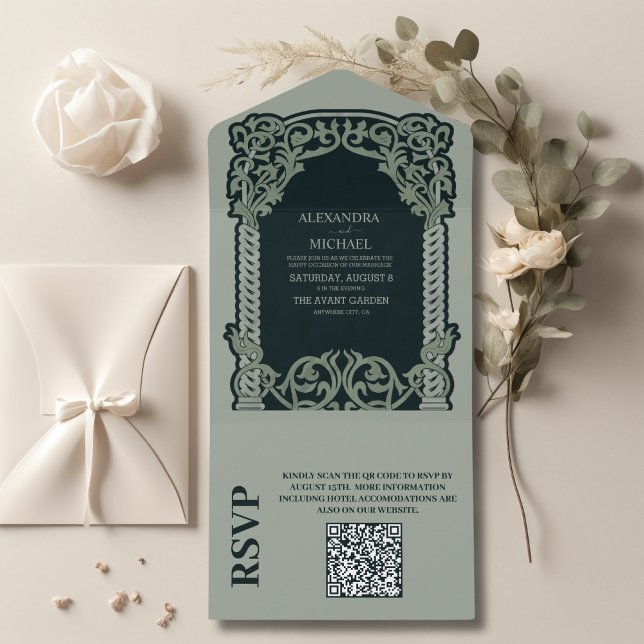 QR Code Antique Art Nouveau Hochzeit All In One Einladung (Von Creator hochgeladen)