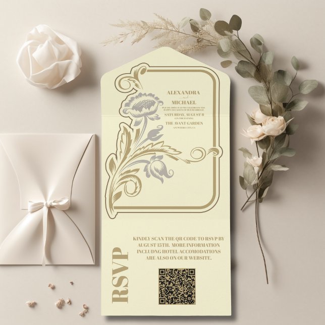 QR Code Antique Art Nouveau Hochzeit All In One Einladung (Von Creator hochgeladen)