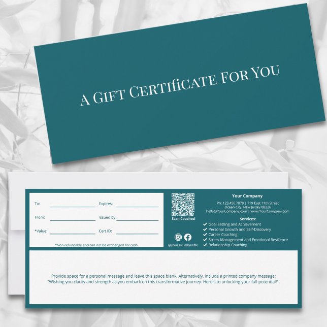 QR-Code Aquamarine Lebensversicherungscoach-Note G (Minimalist QR Code Teal Life Coach Note Gift Certificate)
