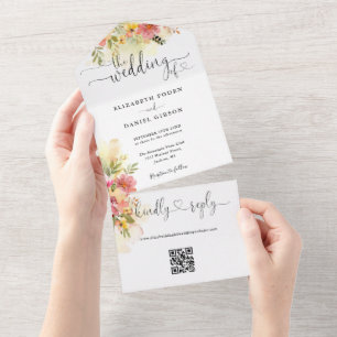 QR-Code-Aquarell-Blumen-Herzen-Schrift-Hochzeit All In One Einladung
