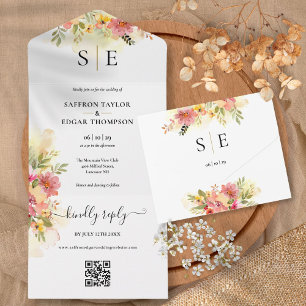 QR-Code-Aquarell-Blumen-Monogramm-Hochzeit All In One Einladung