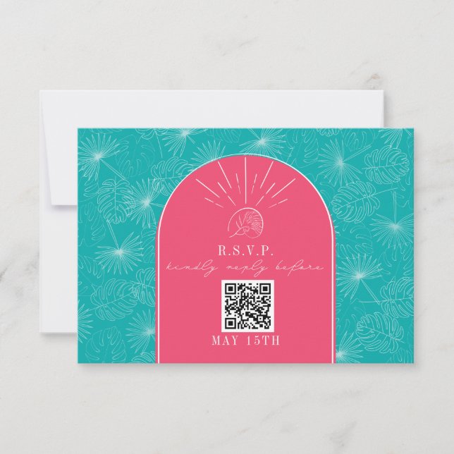 QR Code Arch Pink Blue Tropical Palm Wedding RSVP Karte (Vorderseite)
