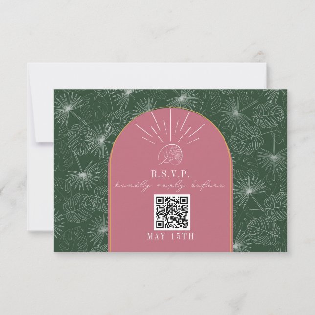 QR Code Arch Rosa grüner tropischer Palm Hochzeit  RSVP Karte (Vorderseite)