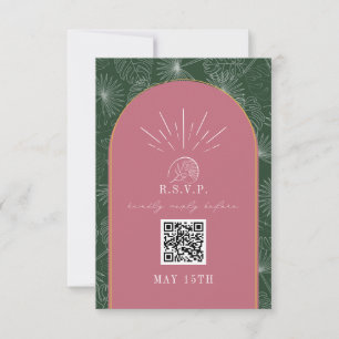 QR Code Arch Tropical Palm Rosa Grüne Hochzeit RSVP Karte