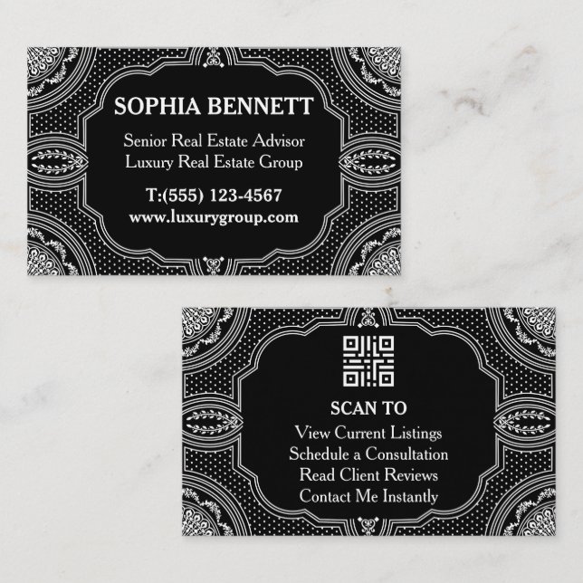 QR-Code Art Deco Luxus-Immobilien Visitenkarte (Vorne/Hinten)