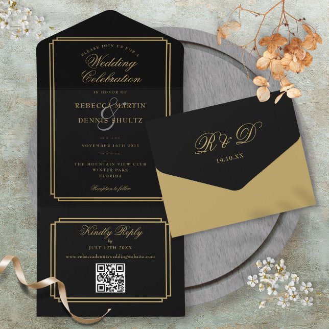 QR Code Art Deco Monogram Wedding All In One Einladung (Black And Gold QR Code Art Deco Monogram Wedding All In One Invitation)