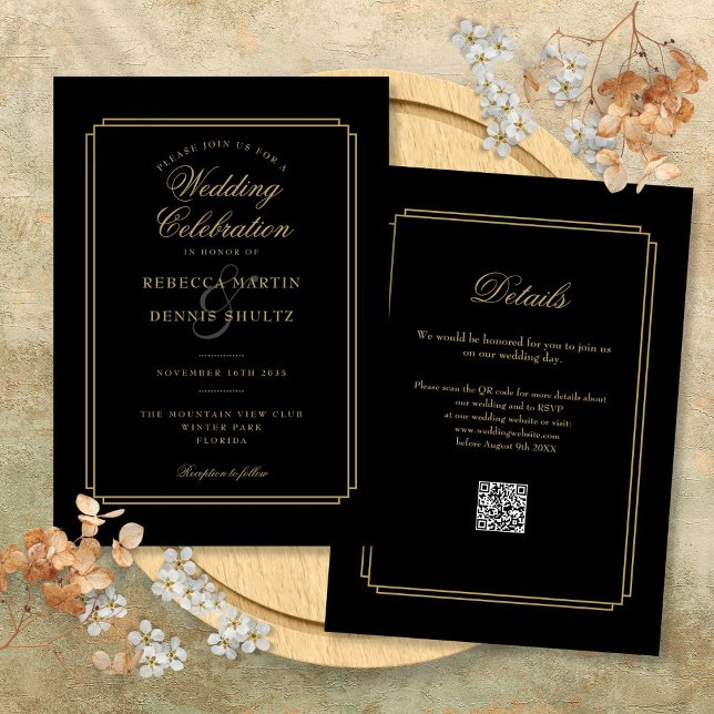 QR Code Art Déco Wedding Einladung (Black and Gold Script QR Code Art Deco Wedding Invitation)