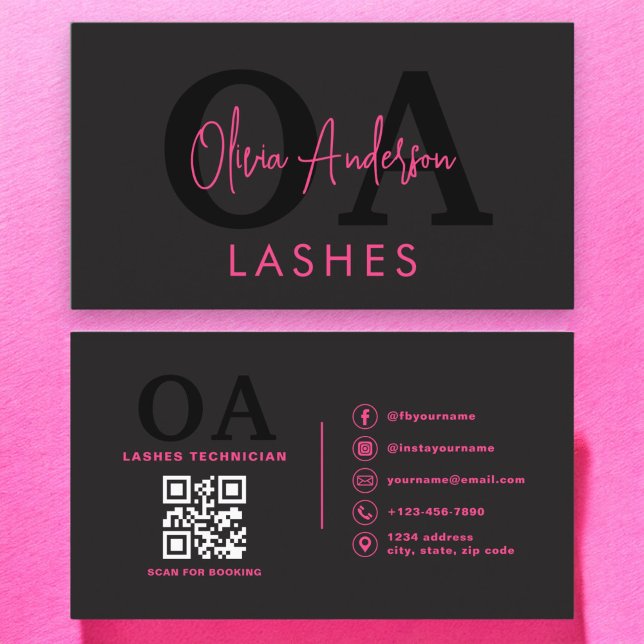QR-Code Auge Lashes Techniker Hot Pink Black Visitenkarte (Von Creator hochgeladen)