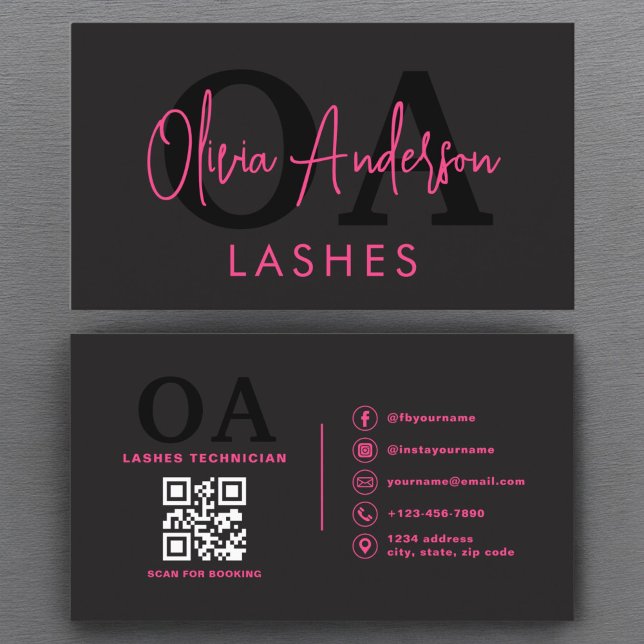QR-Code Auge Lashes Techniker Hot Pink Black Visitenkarte (Von Creator hochgeladen)