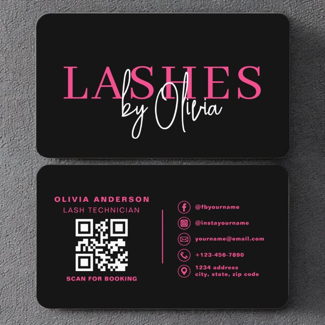 QR-Code Auge Lashes Techniker Hot Pink Black Visitenkarte (Von Creator hochgeladen)
