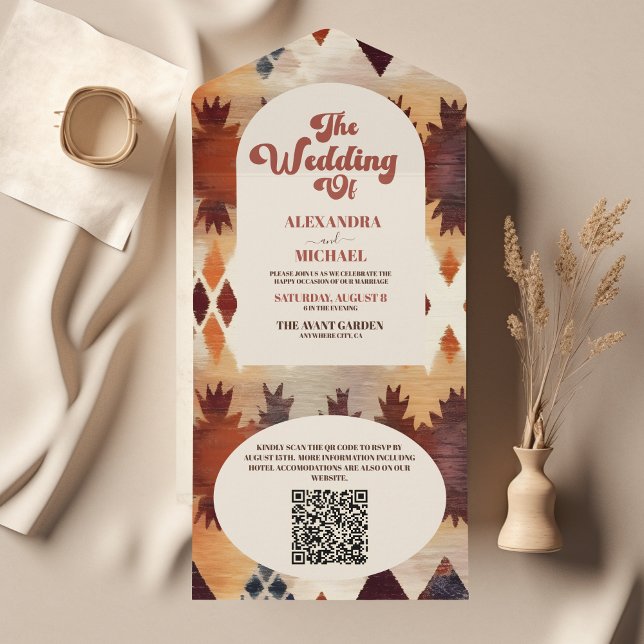 QR Code Aztec Tribal Brown Ethnic Western Wedding All In One Einladung (Von Creator hochgeladen)
