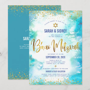 QR-Code B’nai Mitzvah Gold Türkis Wasserfarbe Einladung