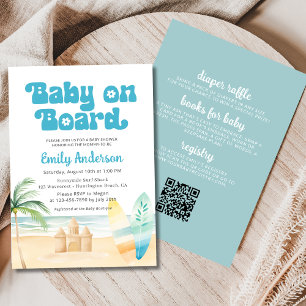 QR Code Baby an Bord Surfboard Beach Shower Boy Einladung