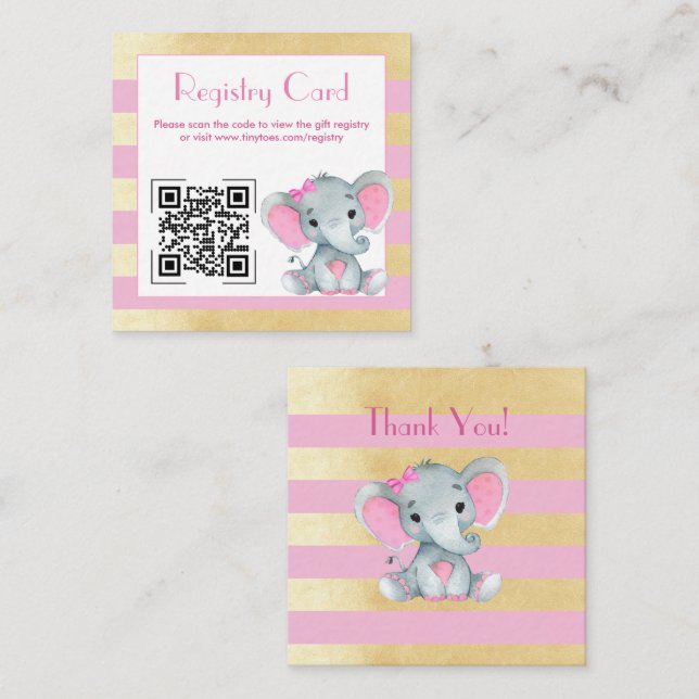QR Code Baby Elephant Registry Gold Pink Card Begleitkarte (Vorne/Hinten)