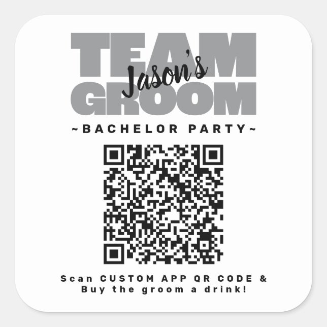 QR Code Bachelor Party Buy Drink Team Groom Brews Quadratischer Aufkleber (Vorderseite)