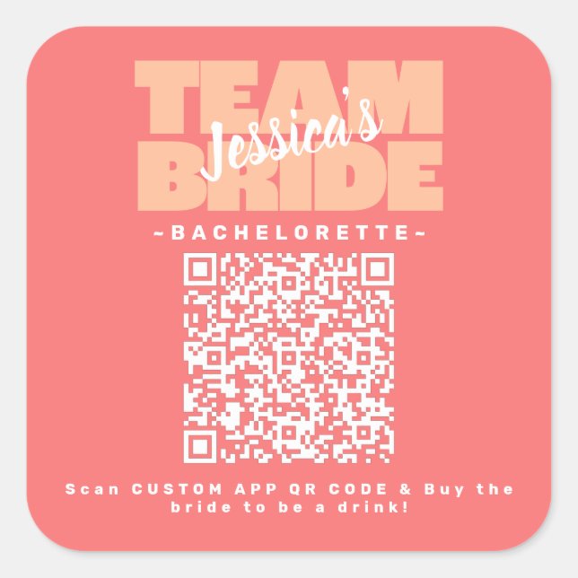 QR Code Bachelorette Buy Drink Team Bridge Peach Quadratischer Aufkleber (Vorderseite)