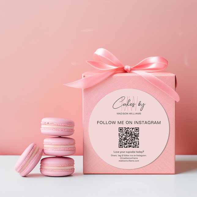 QR-Code Bäckerei Monogram-Logo Pink Business Runder Aufkleber (QR Code Bakery Cake Monogram Logo Pink Business Classic Round Sticker)