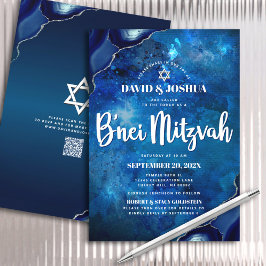 QR Code Bar Mitzvah Navy Blue Agate Galaxy Script Einladung