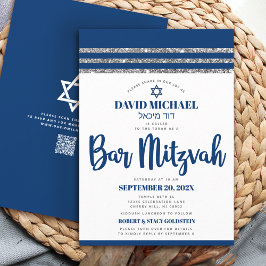 QR Code Bar Mitzvah Navy Blue Silver Tallit Script Einladung
