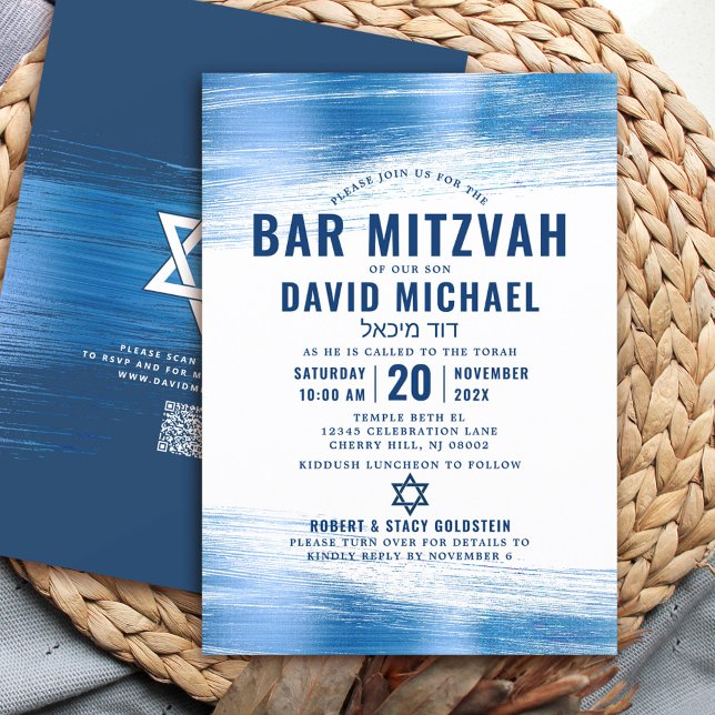 QR Code Bar Mitzvah Navy Typografie Blue Foil Bold Einladung (Von Creator hochgeladen)