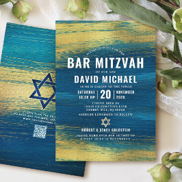 QR Code Bar Mitzvah Türkis Gold Foil Moderne Einladung