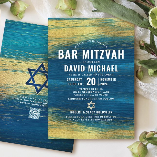 QR Code Bar Mitzvah Türkis Gold Foil Moderne Einladung (Von Creator hochgeladen)