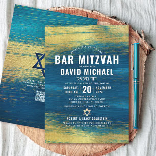 QR Code Bar Mitzvah Turquoise Gold Foil Typ Einladung