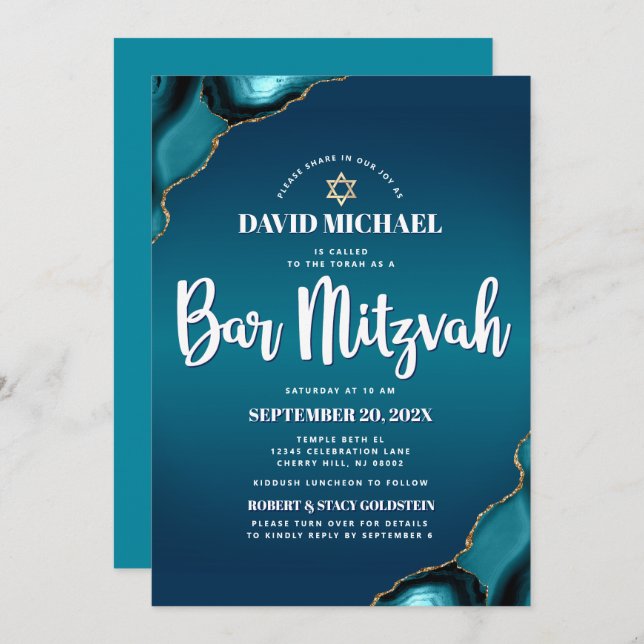 QR-Code Bar Mitzvah Turquoise Ombre Agate Modern Einladung (Vorne/Hinten)