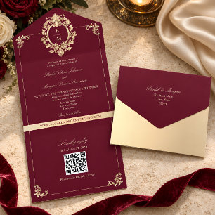 QR-Code Barock Burgund Gold Hochzeit All In One Einladung