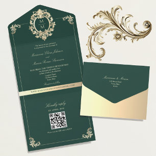 QR-Code Barock Gold Smaragdgrüne Hochzeit All In One Einladung