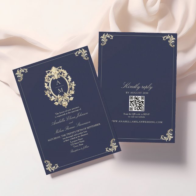 QR-Code Barock Navy Blau Hochzeit Einladung (Von Creator hochgeladen)
