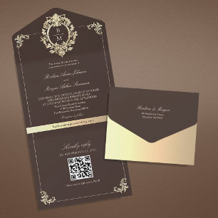 QR-Code Barocke Gold-Schokoladenbraune Hochzeit All In One Einladung