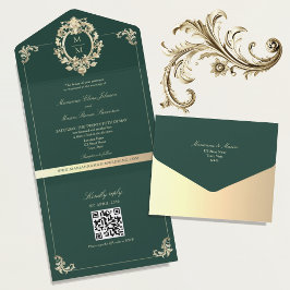 QR Code Baroque Gold Smaragdgrüne Hochzeit All In One Einladung