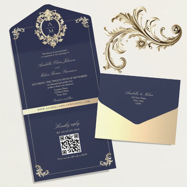 QR Code Baroque Navy Blue Gold Hochzeit All In One Einladung (Von Creator hochgeladen)