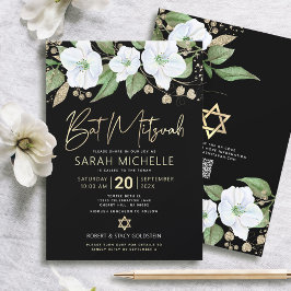 QR Code Bat Mitzvah Black Gold Floral Script Girly Einladung