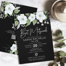 QR-Code Bat Mitzvah Black Silver Blumenschrift