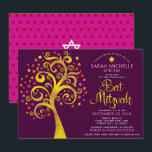QR Code Bat Mitzvah Burgundy Gold Tree of Life Einladung<br><div class="desc">Seien Sie stolz, freuen Sie sich und präsentieren Sie diesen Meilenstein Ihres Lieblings-Bat Mitzvah! Versenden Sie diese kühne, moderne, personalisierte QR-Codeeinladung für eine Veranstaltung, die Sie sich erinnern können. Ein lustiger, grafischer Imitat Goldfolienbaum mit funkelnd Rosa, Orange und Rot Star of David und Dot "Blätter", Imitats Goldfolie-Kalligraphie-Skript und rosa-weiße Sans...</div>