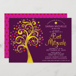 QR Code Bat Mitzvah Burgundy Gold Tree of Life Einladung