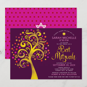 QR Code Bat Mitzvah Burgundy Gold Tree of Life Einladung