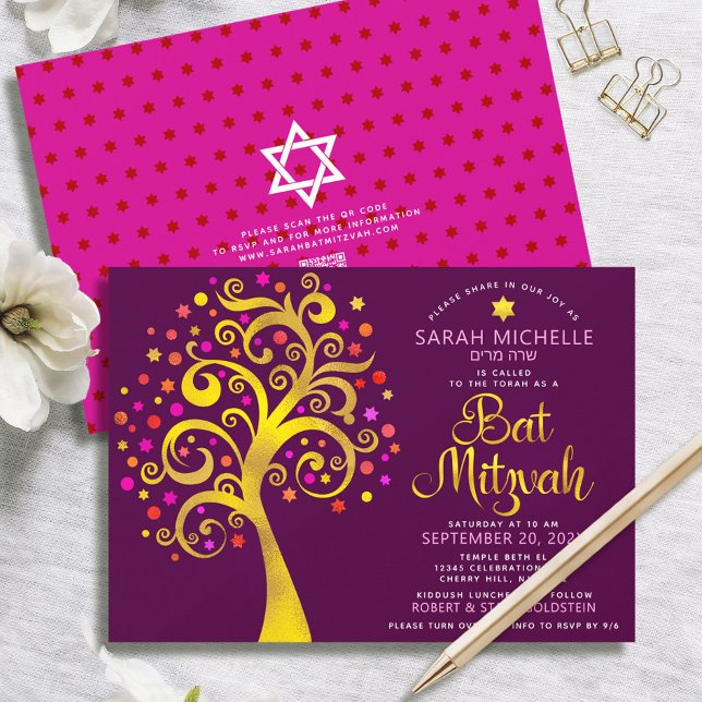 QR Code Bat Mitzvah Burgundy Gold Tree of Life Einladung (Von Creator hochgeladen)