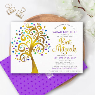 QR-Code Bat Mitzvah Lila Gold Baum des Lebens Bold Einladung
