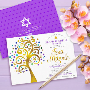 QR-Code Bat Mitzvah Lila Gold Fett Baum des Lebens Einladung